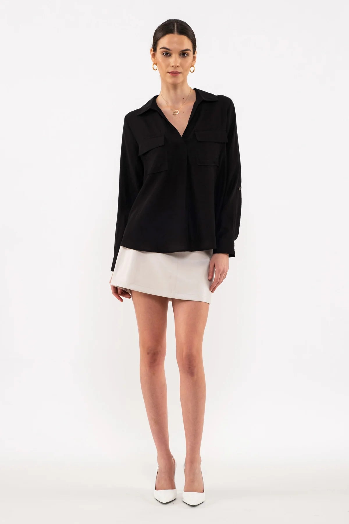 Final Sale Roll-Up Sleeve Woven Top Black