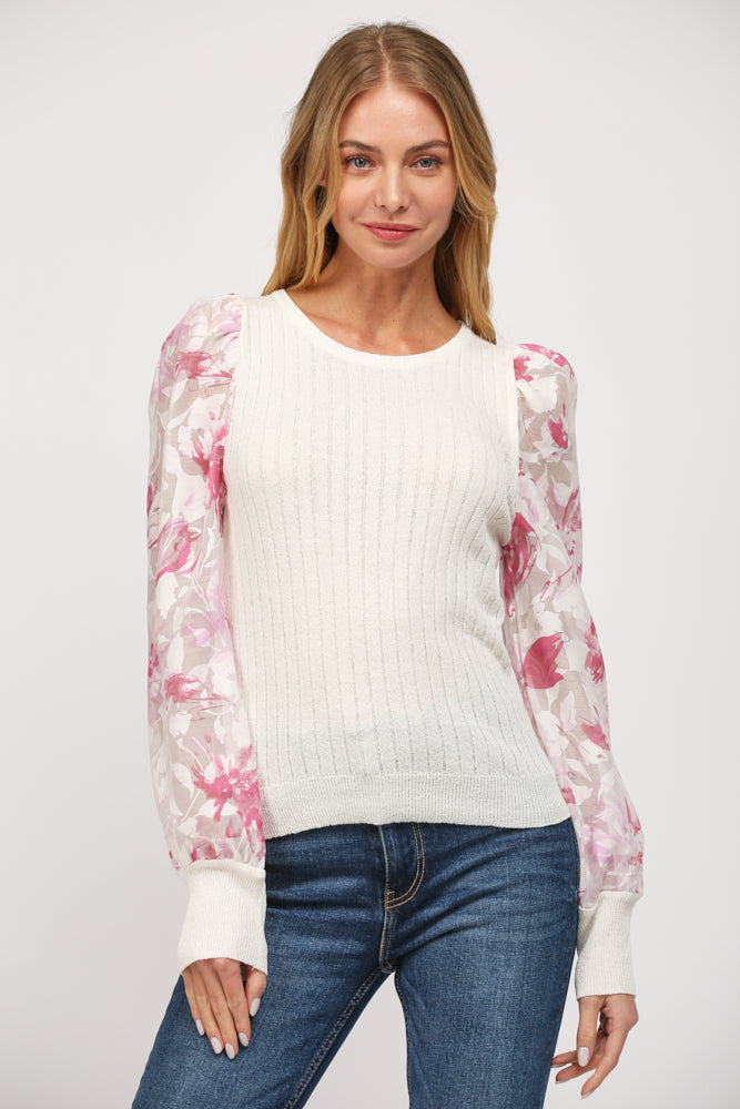 Floral Print Organza Sleeve Cable Knit Sweater Cream Pink