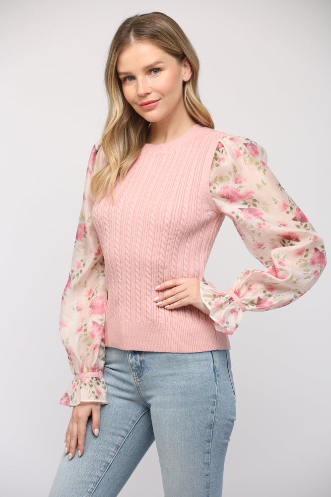 Sale Floral Print Organza Sleeve Cable Knit Sweater