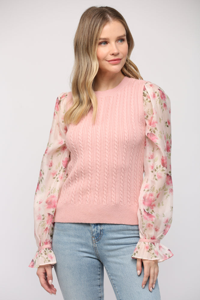 Sale Floral Print Organza Sleeve Cable Knit Sweater