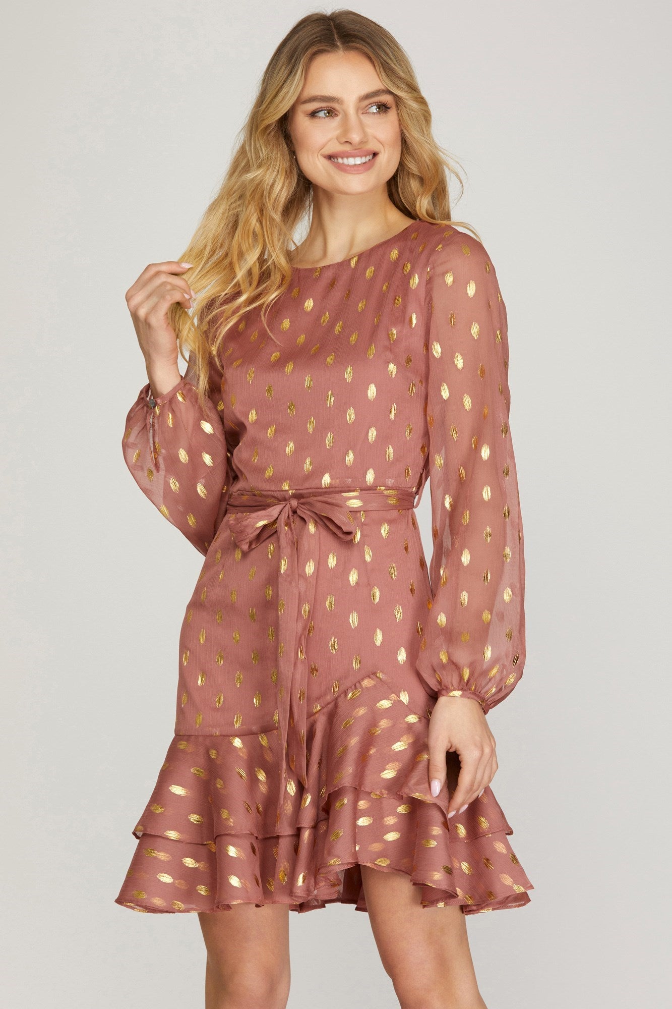 Sale Long Sleeve Gold-Dot Chiffon Dress