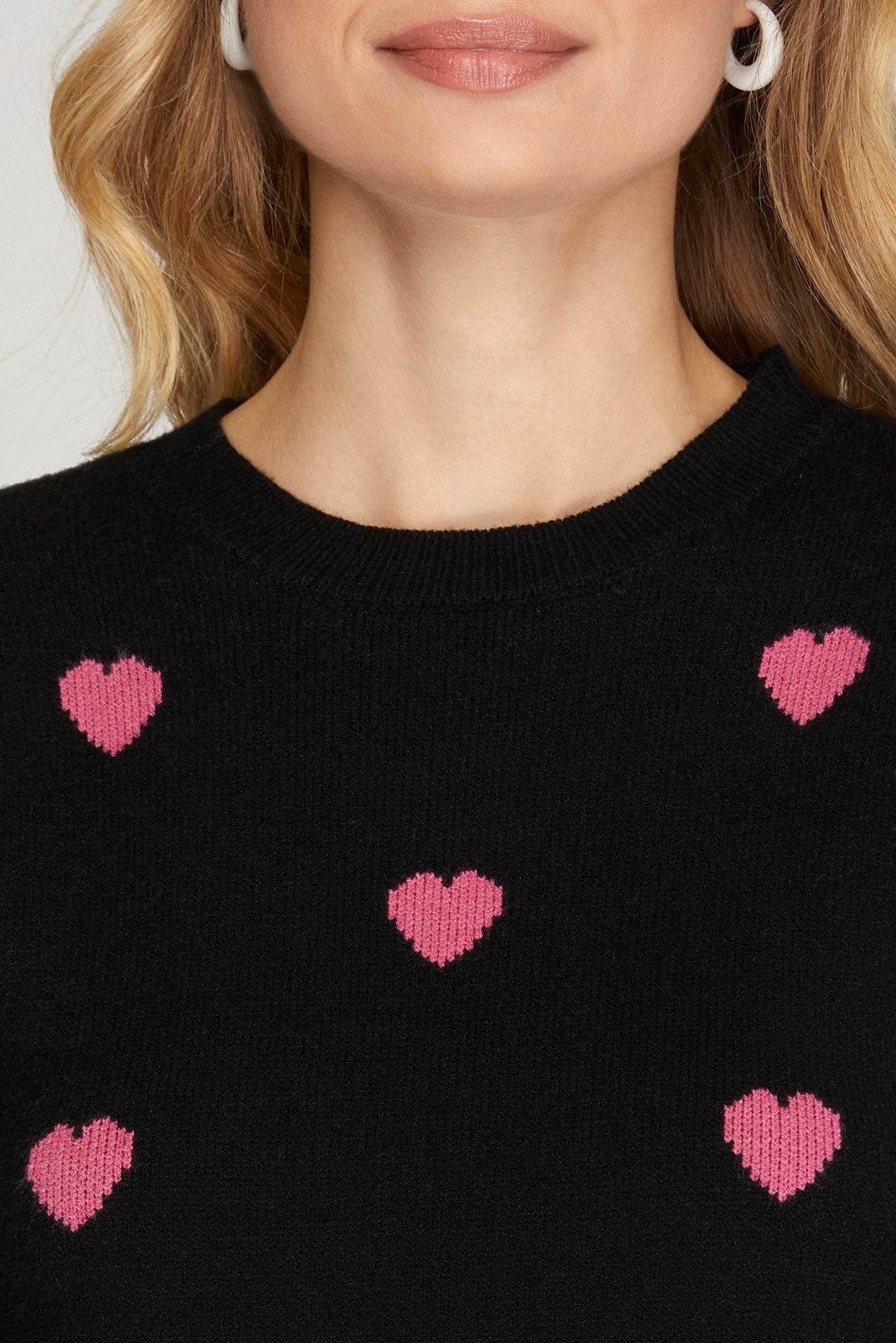 Sale Short Puff Sleeve Heart Print Sweater