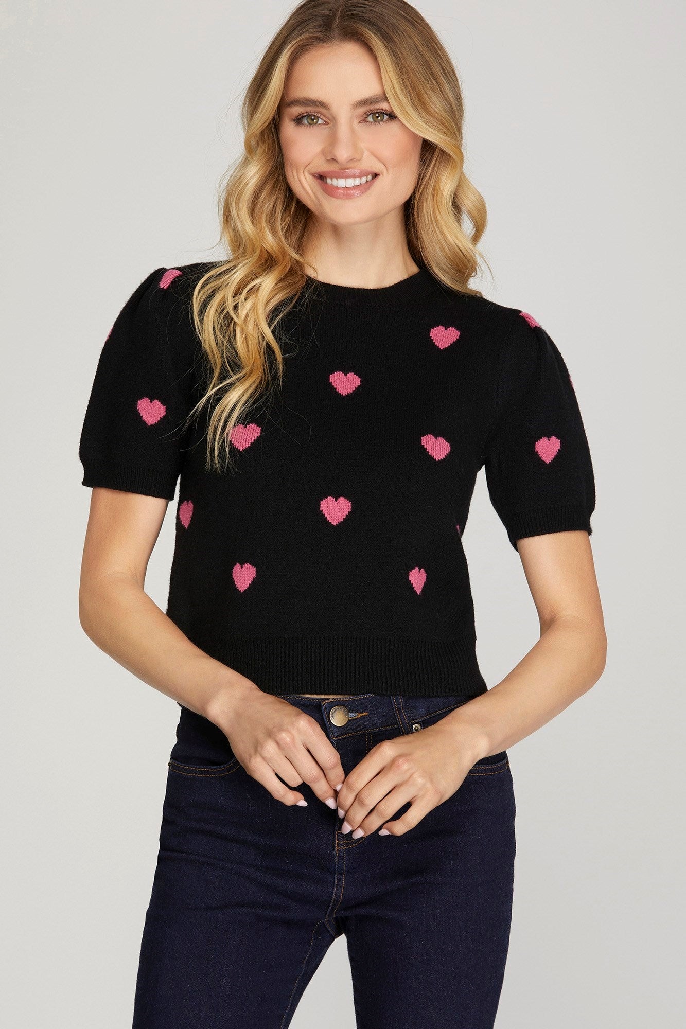 Sale Short Puff Sleeve Heart Print Sweater