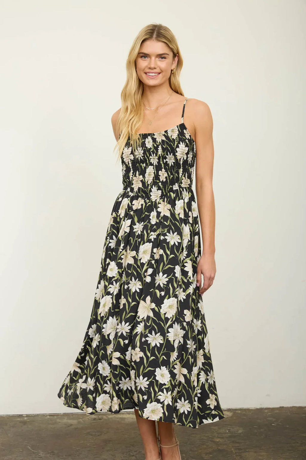 black floral smocked midi dress Black and White Floral Print Smocked Midi Dress Large | Women's Online Boutique | Boho Chic Style