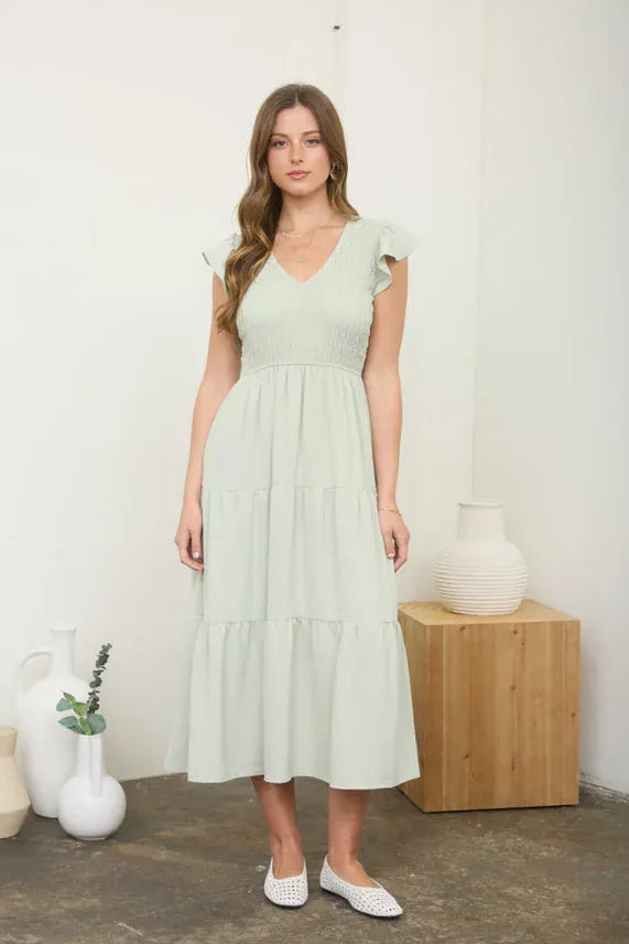 V-Neck Flutter Sleeve Smocked Bodice Dress Med