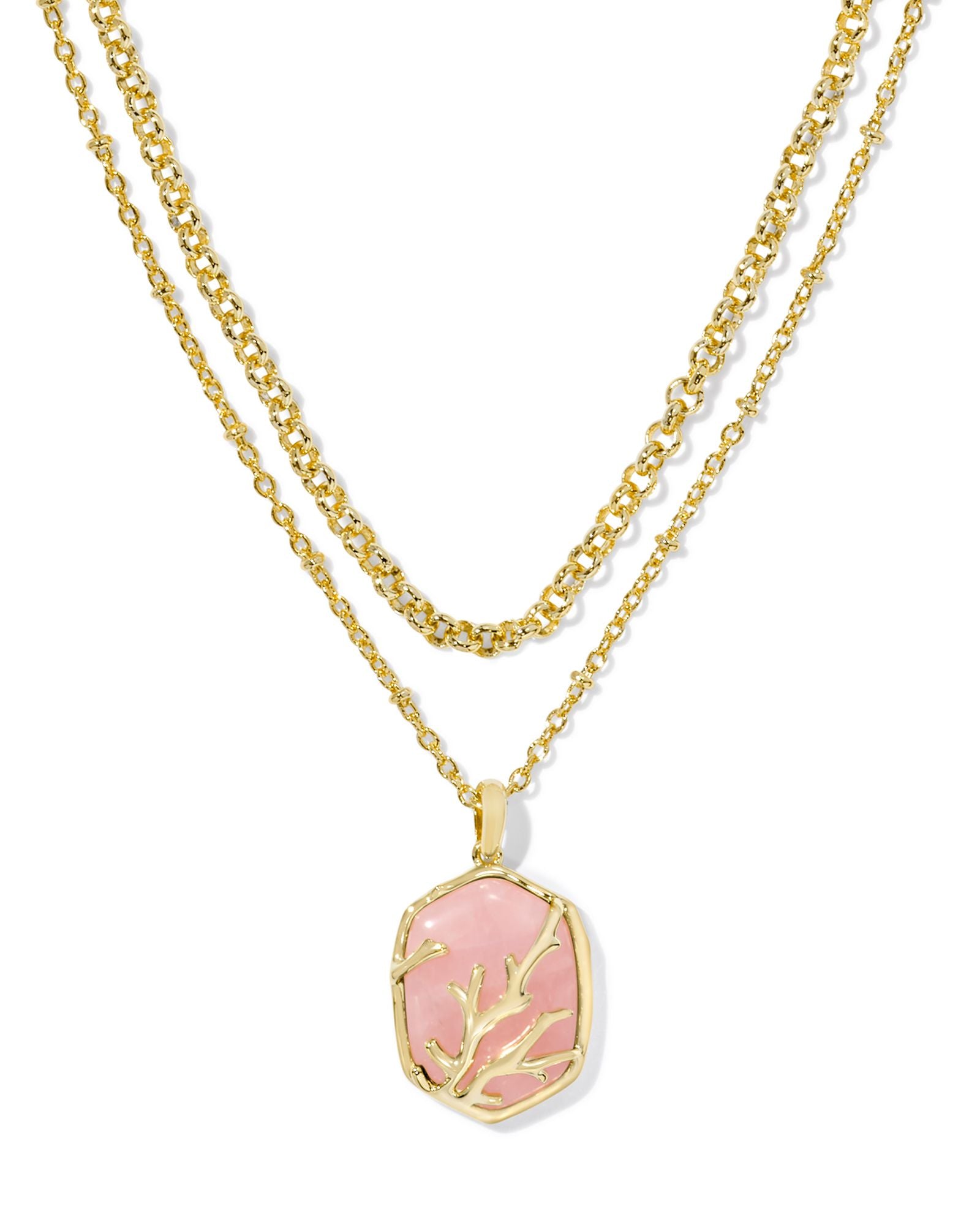 Daphne Coral Framed Multi Strand Necklace Gold Rose Quartz
