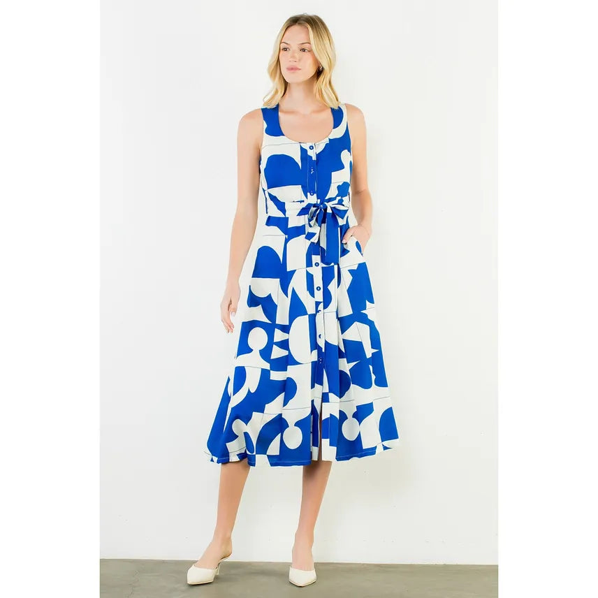 thml dresses Geometric Tank Midi Dress w/Tie Waist | Cobalt Blue | Size:EU 37/US 7 plp-51501 Handmade Dress Newspaper Design Embroidered dress