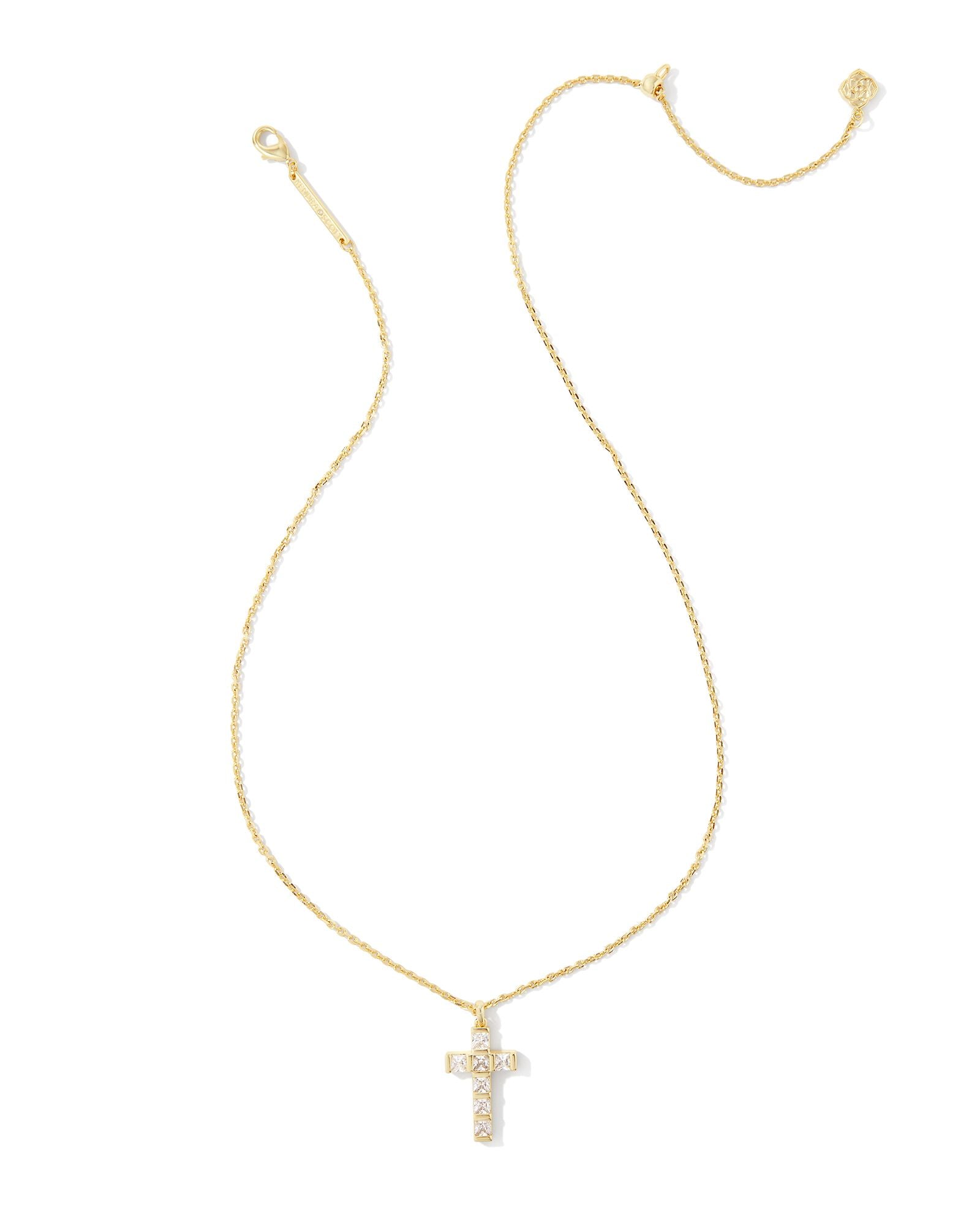 Gracie Cross Pendant Necklace Gold White Crystals