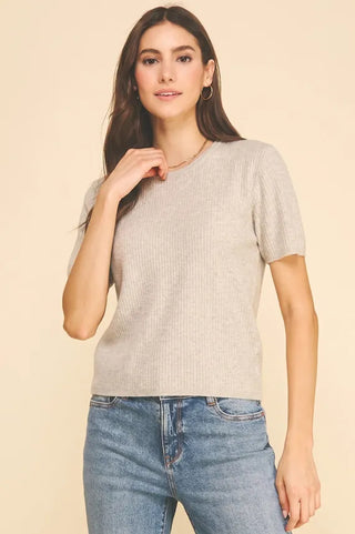 Ribbed Knit Short Sleeve Sweater Oatmeal