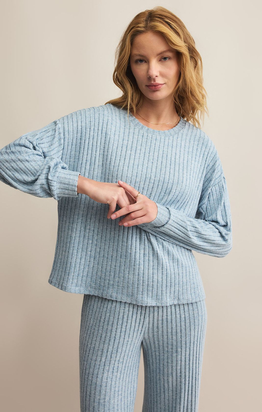 Daydream Rib Long Sleeve Top Light Denim