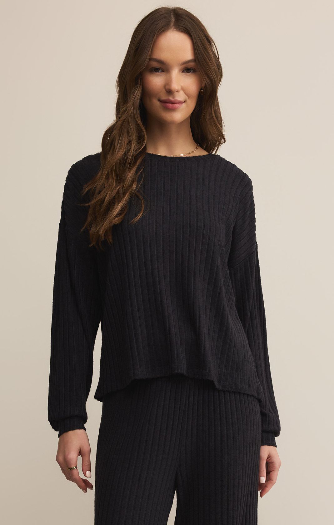 Daydream Rib Long Sleeve Top Black Sand