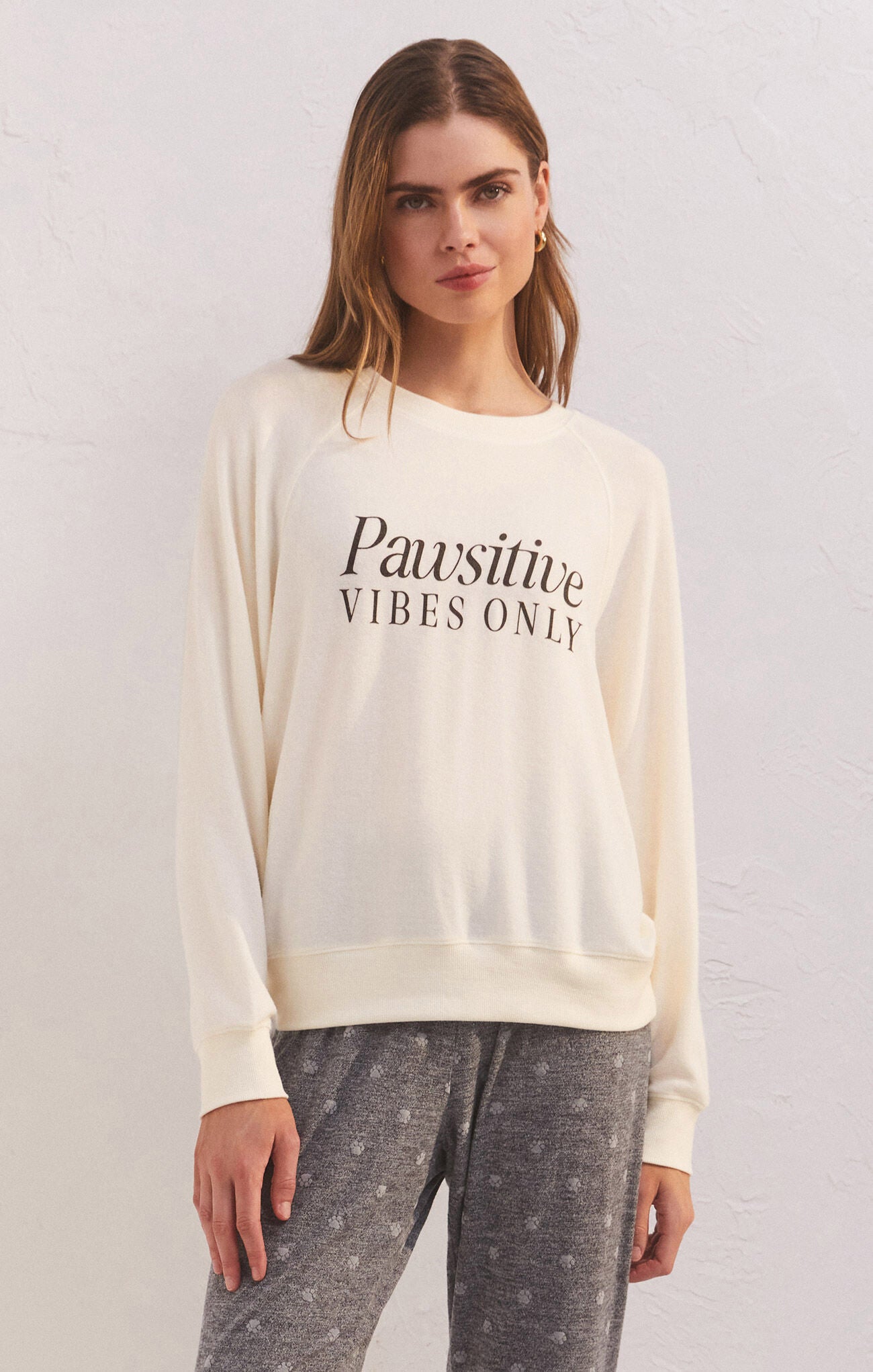 Cassie Pawsitive Vibes Only Long Sleeve Top Bone