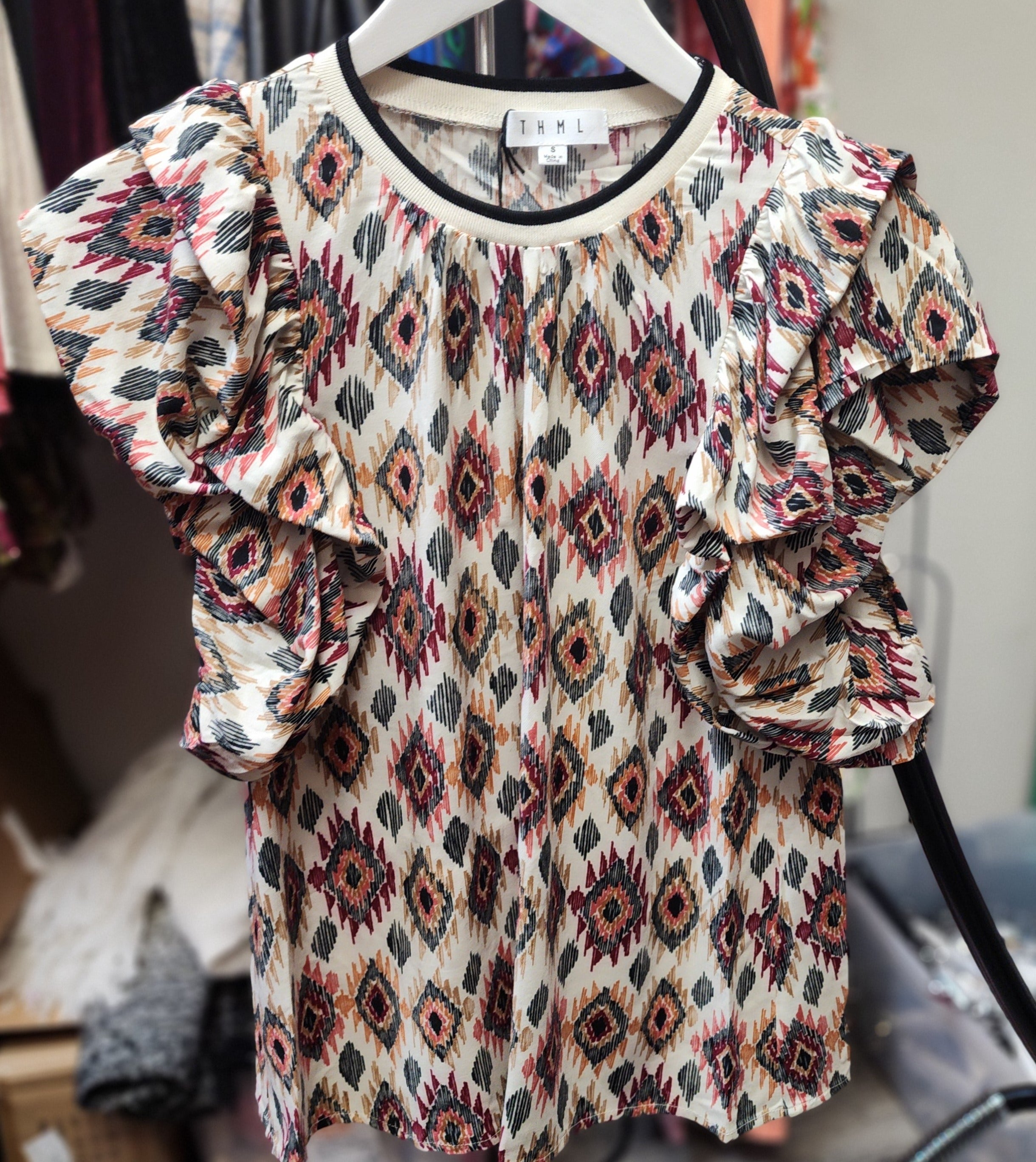 Ruched Sleeve Print Top