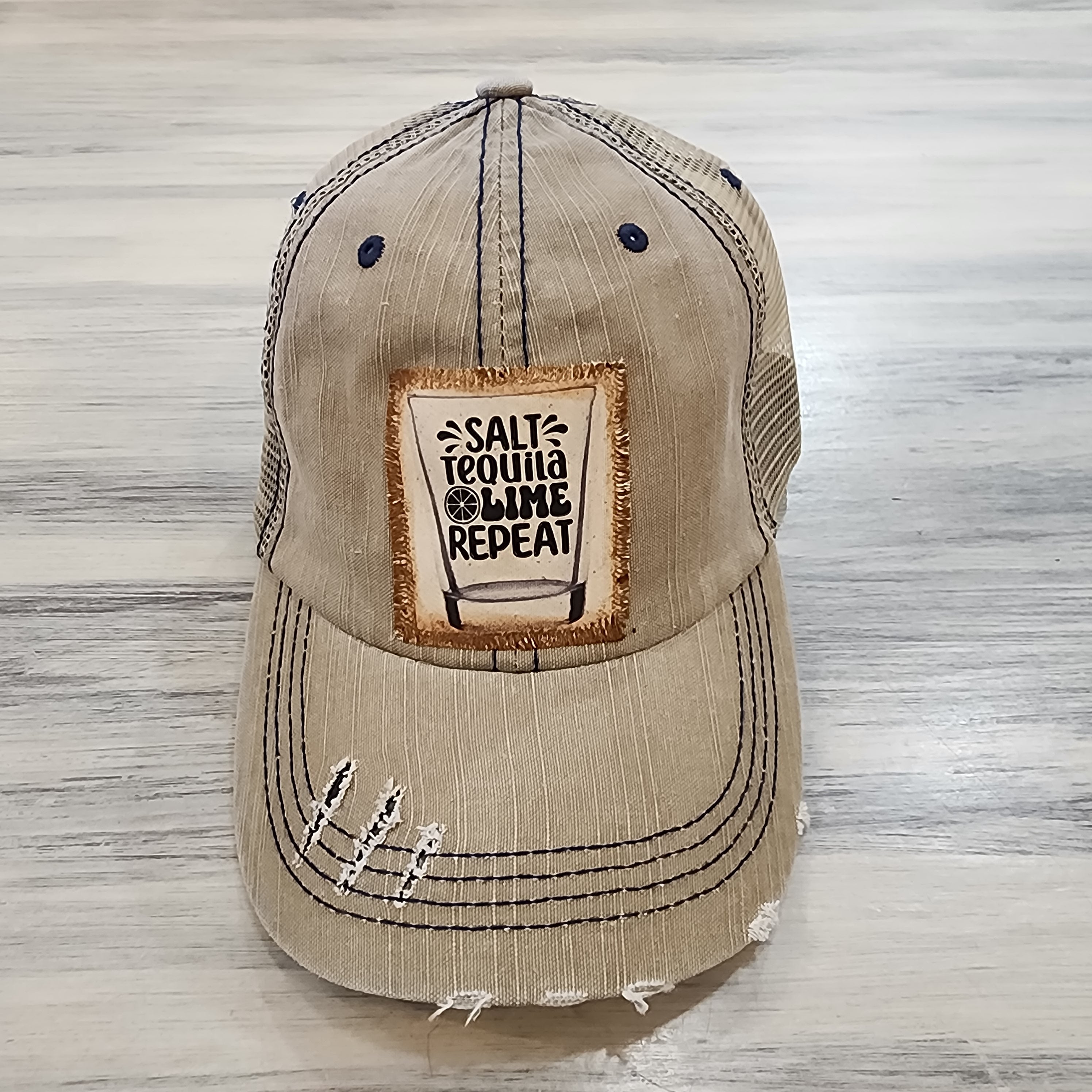 Salt Tequila Lime Repeat Distressed Trucker Hat