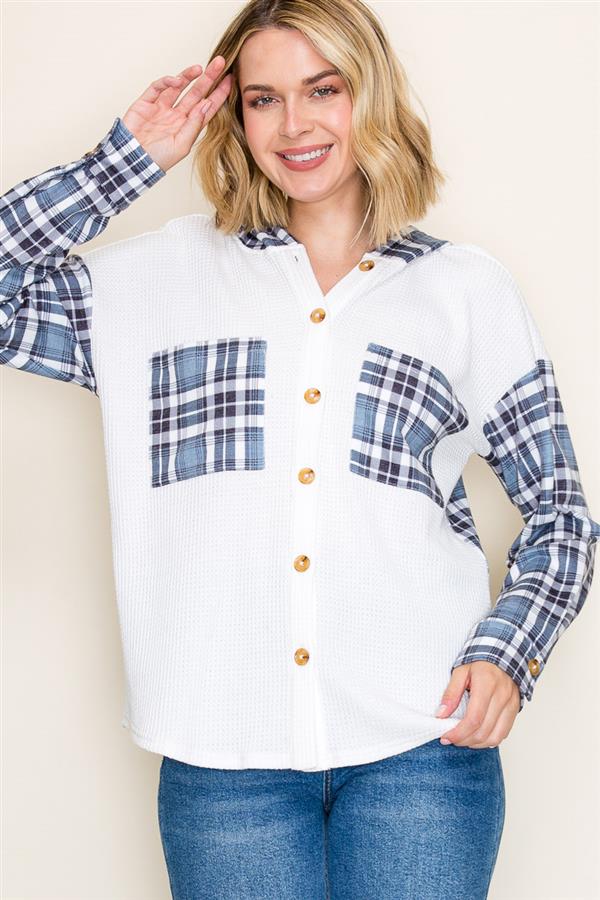 Waffle Knit Long Sleeve Hoodie w/Plaid Contrast