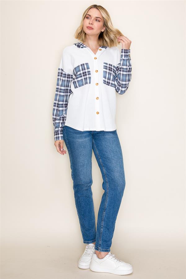 Waffle Knit Long Sleeve Hoodie w/Plaid Contrast