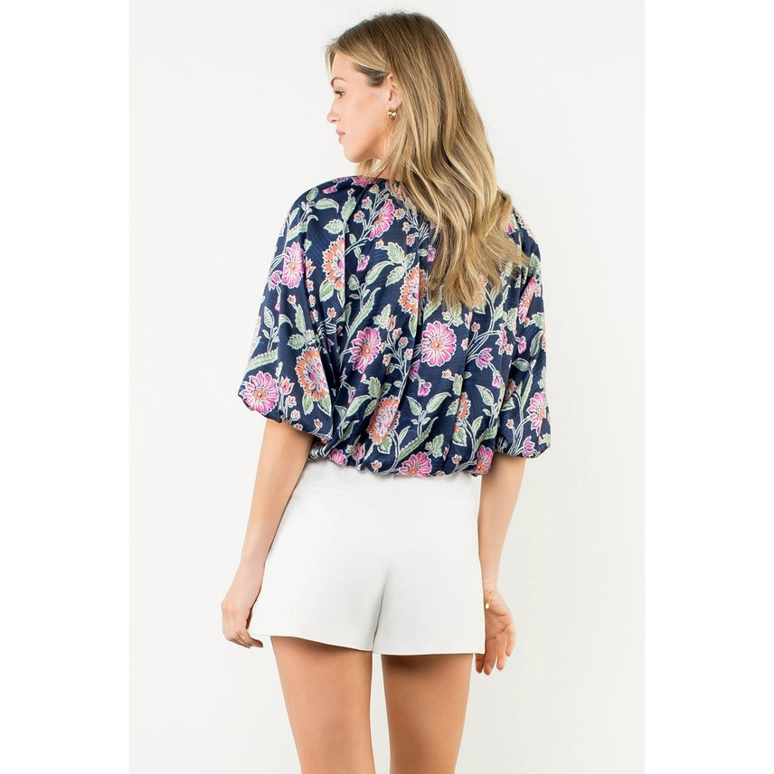Half Sleeve Floral Print Top w/Elastic Waist Navy