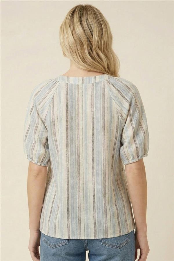 V-Neck Short Sleeve Striped Linen Blend Top