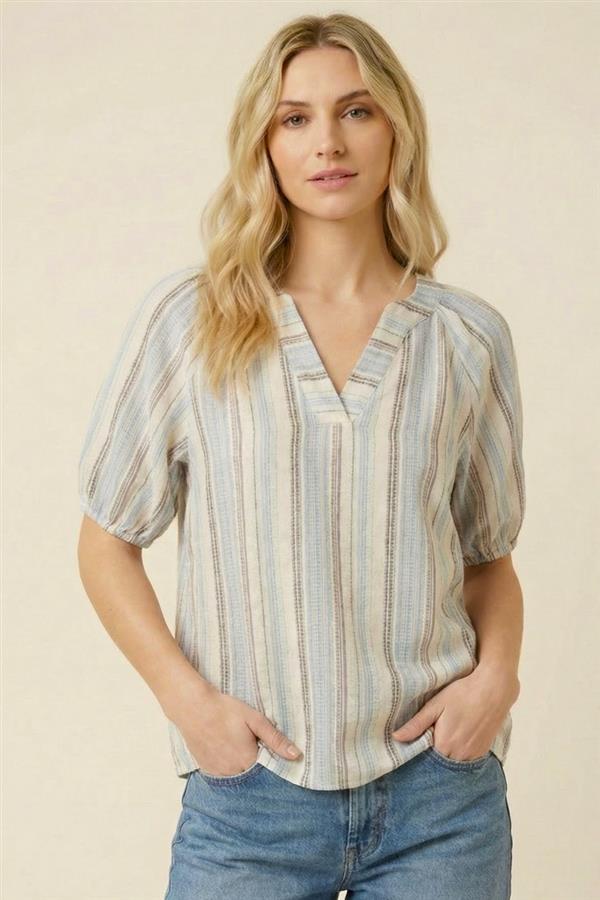 V-Neck Short Sleeve Striped Linen Blend Top