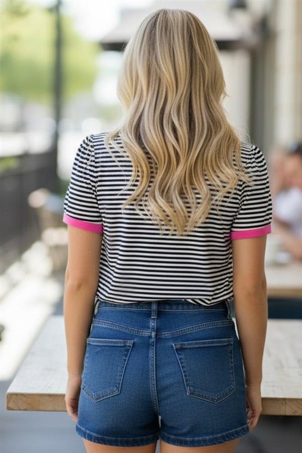 Striped Navy Top w/Hot Pink Trim