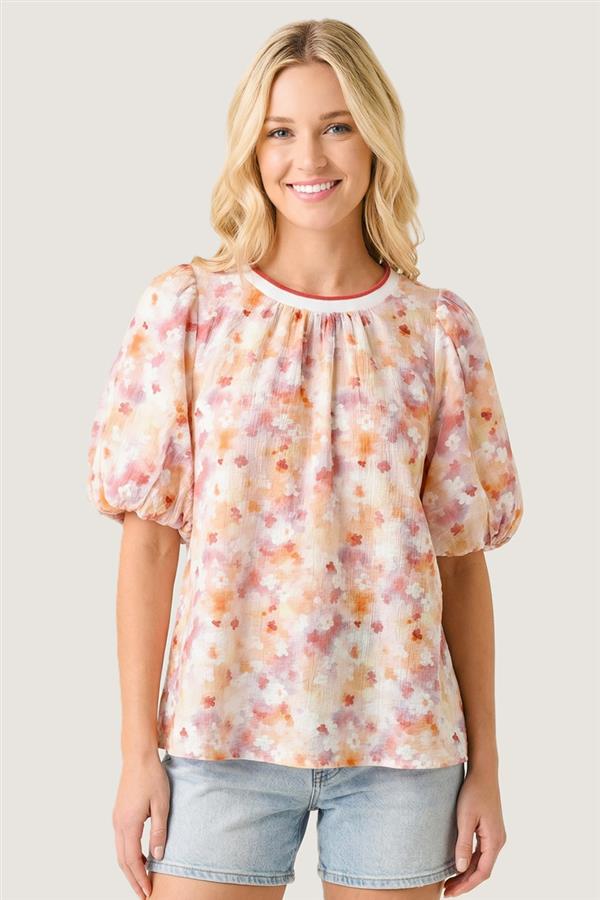 Color Knit Band Neck Bubble Sleeve Floral Print Top