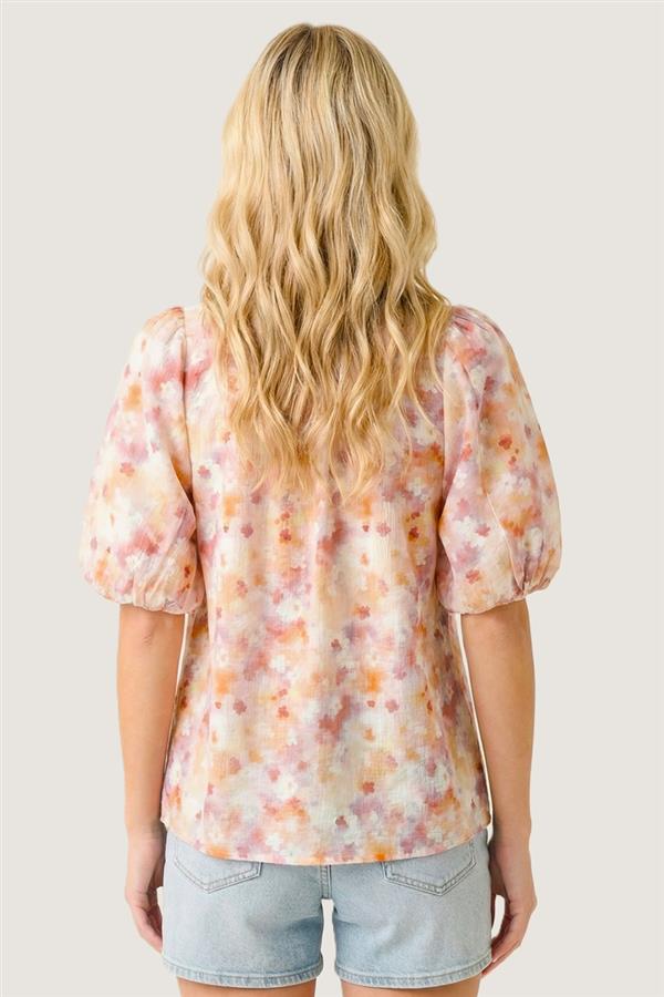 Color Knit Band Neck Bubble Sleeve Floral Print Top