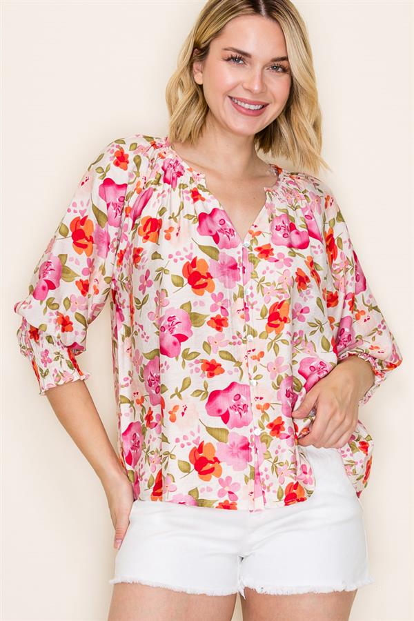 Split Neck 3/4 Smocked Cuff Sleeve Floral Print Button Down Blouse