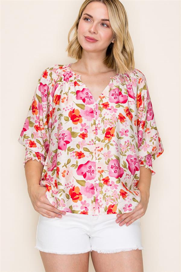 Split Neck 3/4 Smocked Cuff Sleeve Floral Print Button Down Blouse