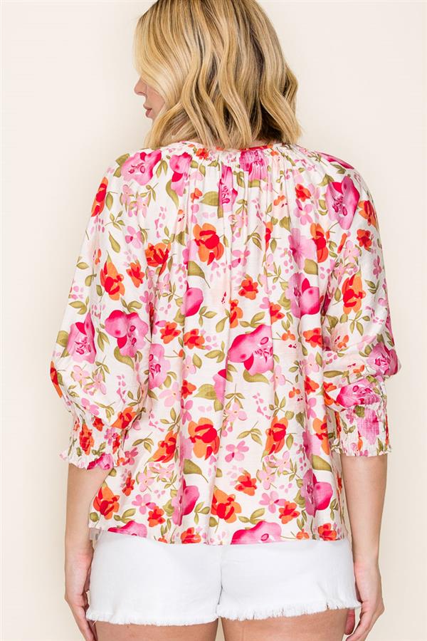 Split Neck 3/4 Smocked Cuff Sleeve Floral Print Button Down Blouse