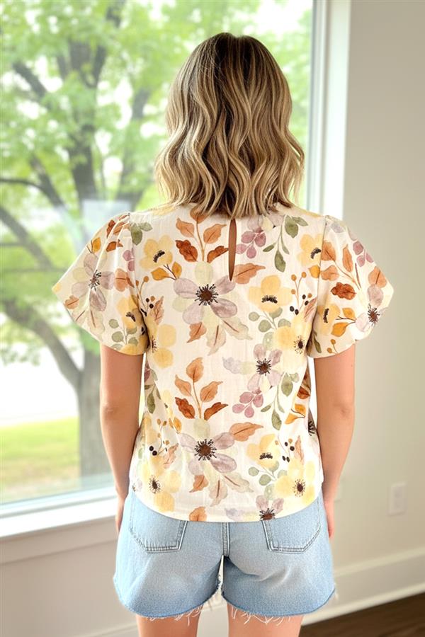 Short Balloon Sleeve Floral Printed Top