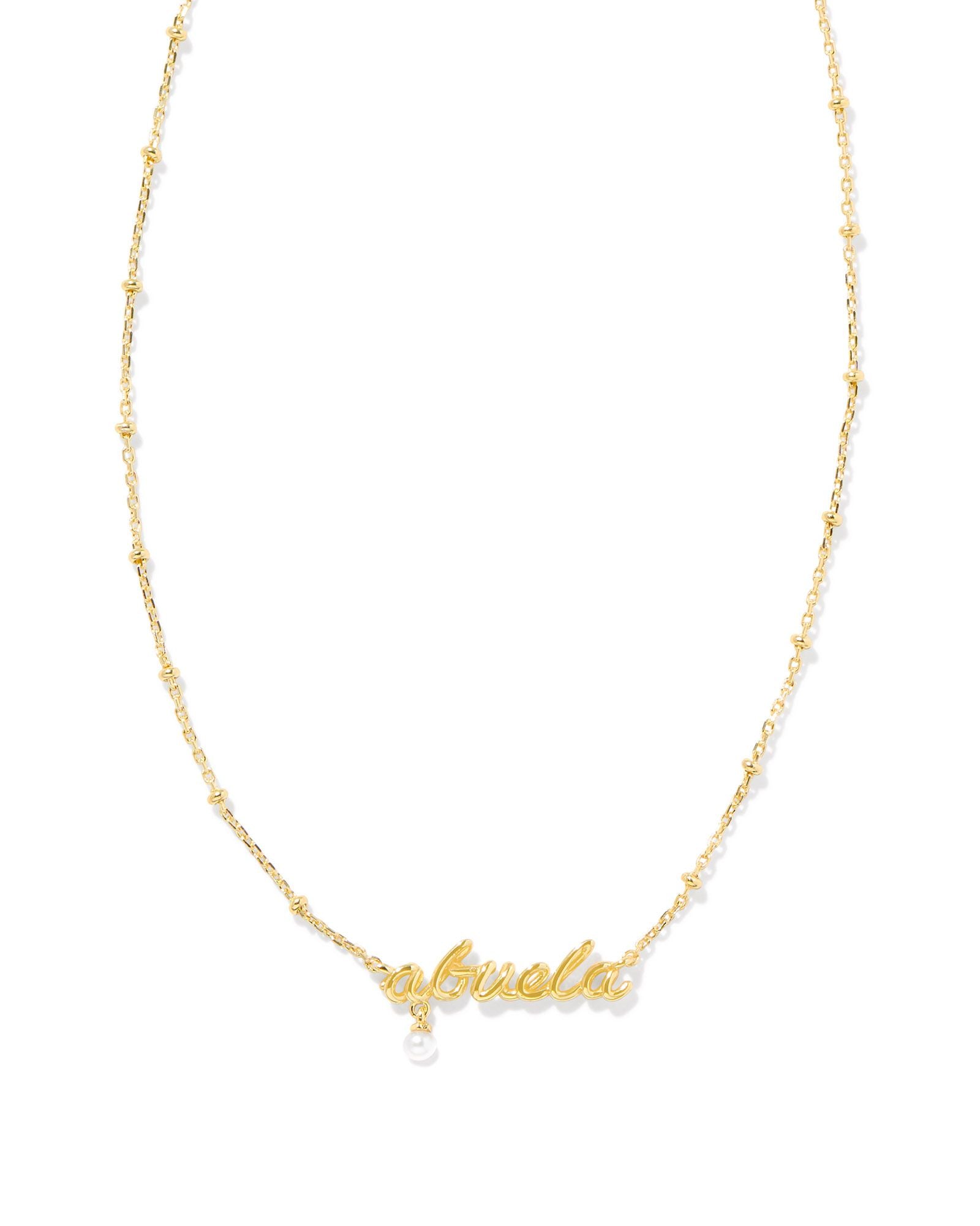 Abuela Script Pendant Necklace Gold w/White Pearl