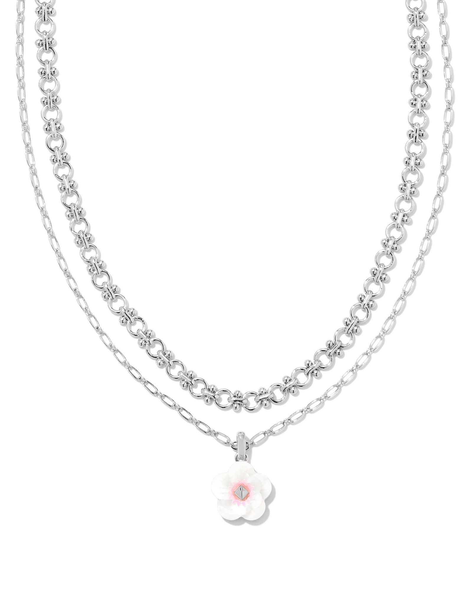 Deliah Silver Multi Strand Necklace Iridescent Pink White Mix