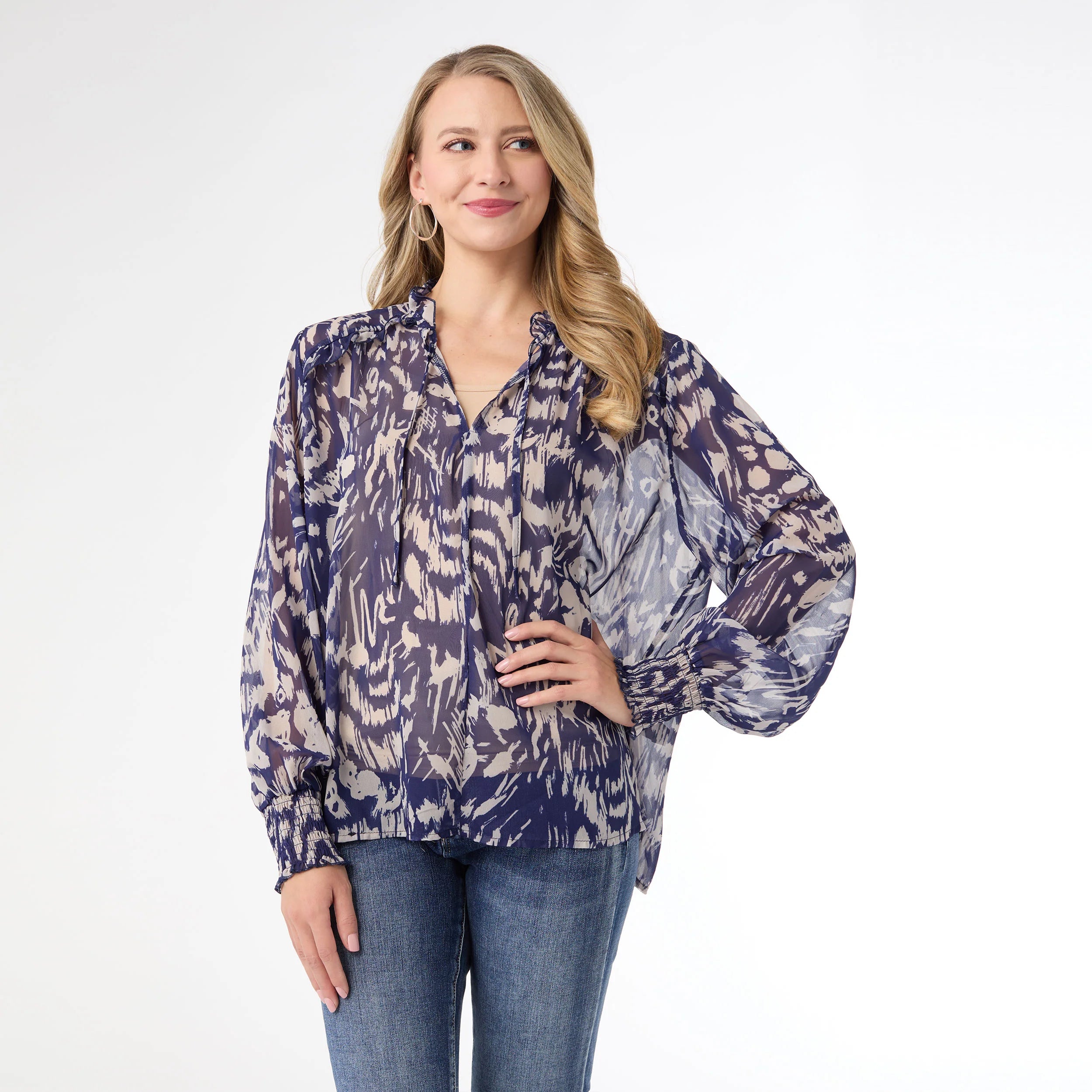 Ravenna Sheer Print V-Neck Blouse