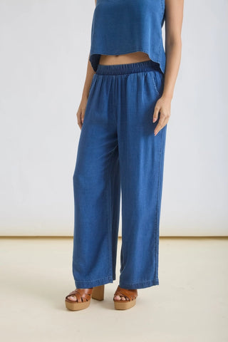 Chambray Elastic Waist Wide Leg Pants