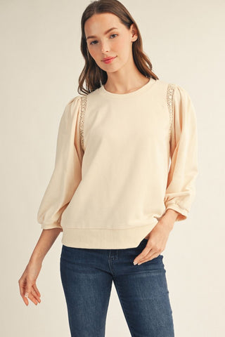 3/4 Puff Sleeve Sweatshirt w/Crochet Lace Trim