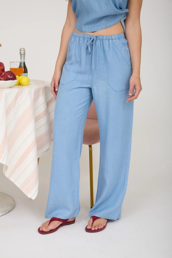 Chambray Drawstring Wide Leg Pants