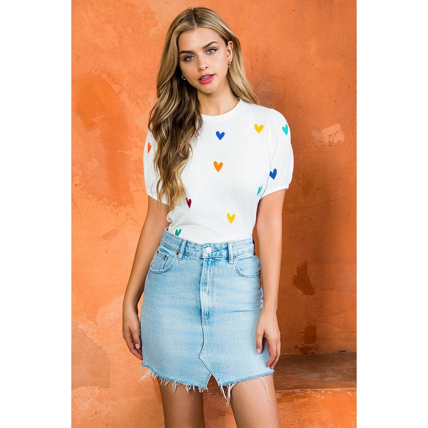 Embroidered Heart Short Sleeve Top