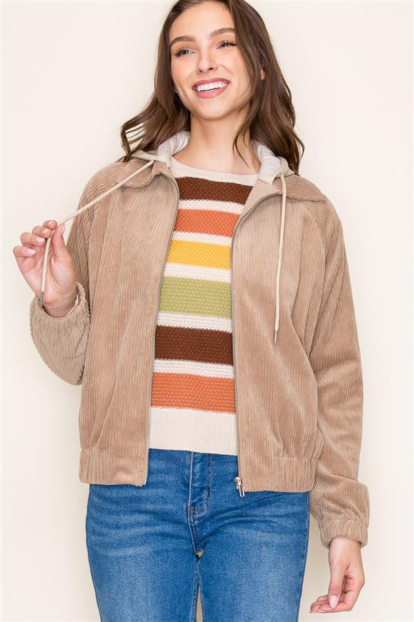 Sale Hooded Corduroy Long Sleeve Jacket