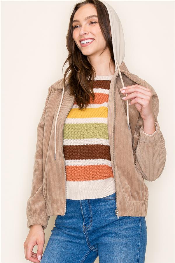 Sale Hooded Corduroy Long Sleeve Jacket