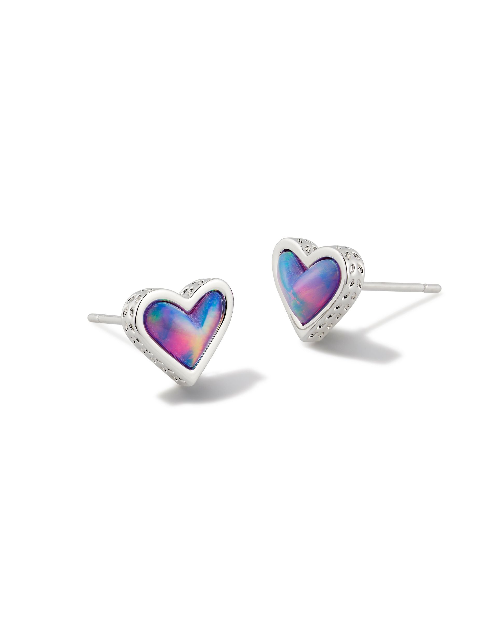 Framed Ari Heart Studs Silver Lilac Opalescent Resin
