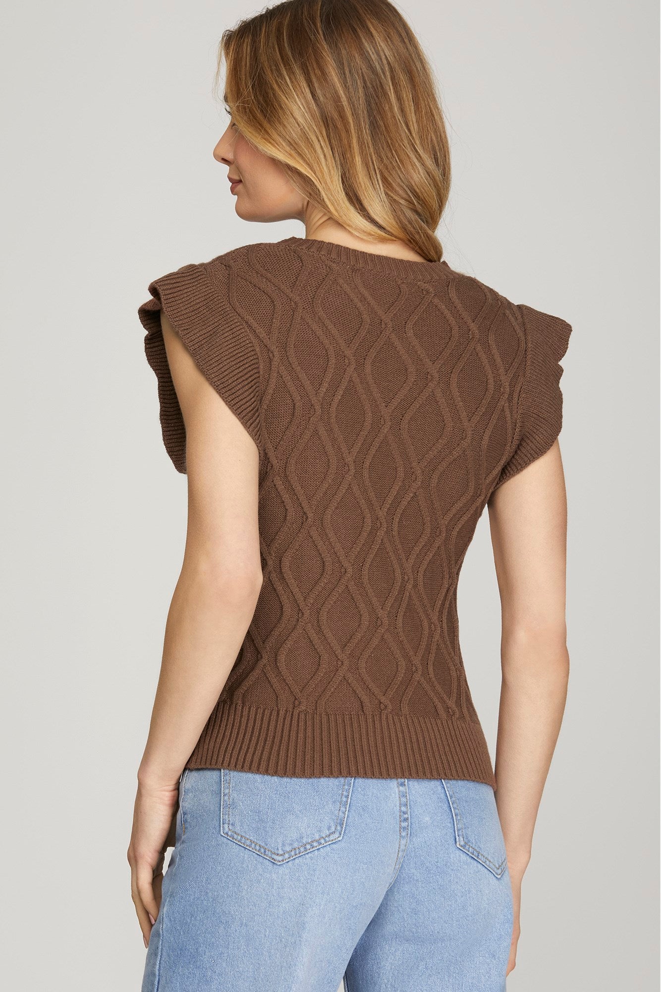 Sale Ruffle Sleeve Cable Knit Sweater