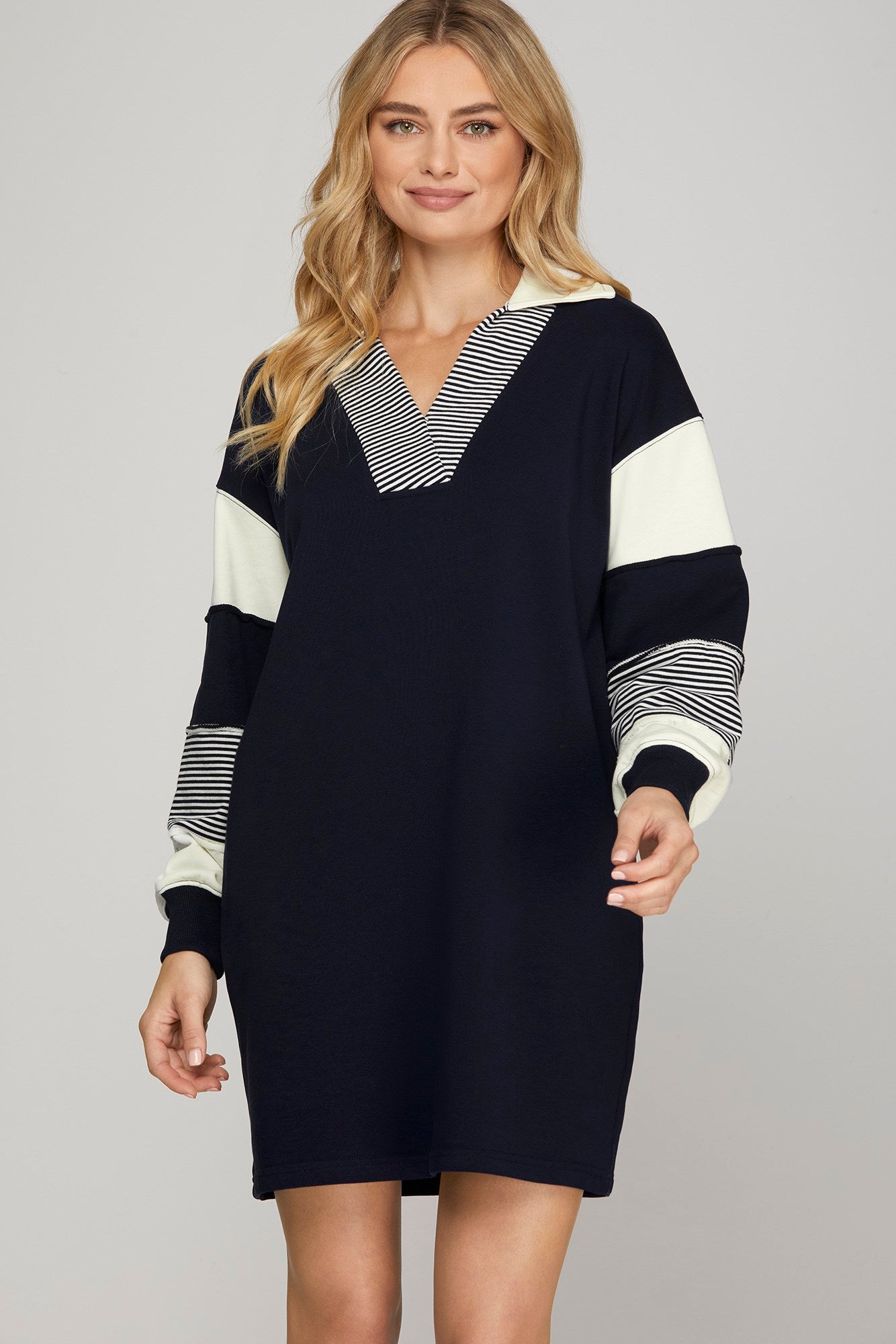 Color Block Long Sleeve Dress w/Pockets