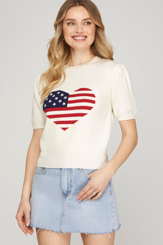 Short Sleeve Heart American Flag Sweater