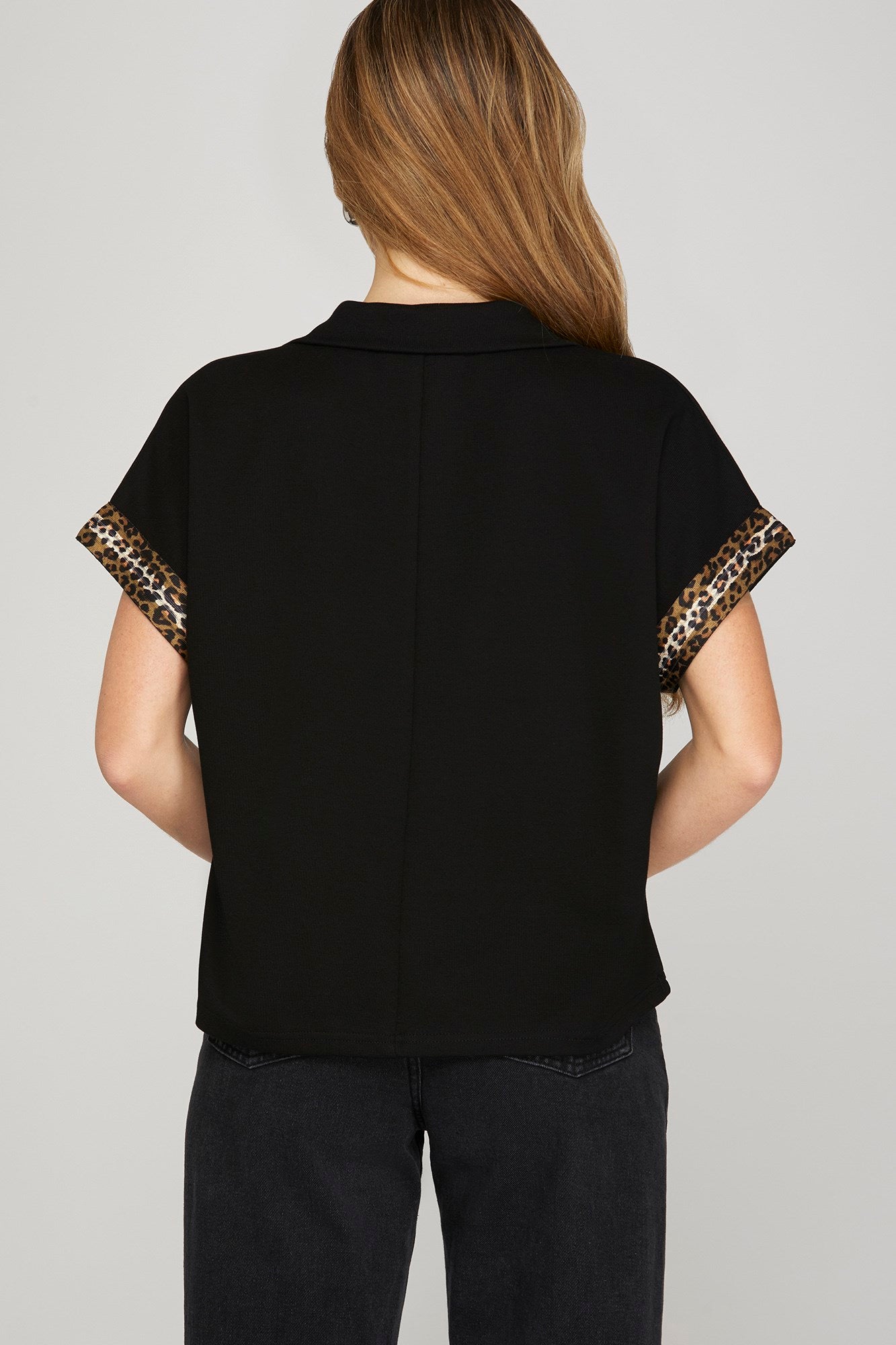 Drop Short Sleeve Half Zip Top Black w/Leopard Trim