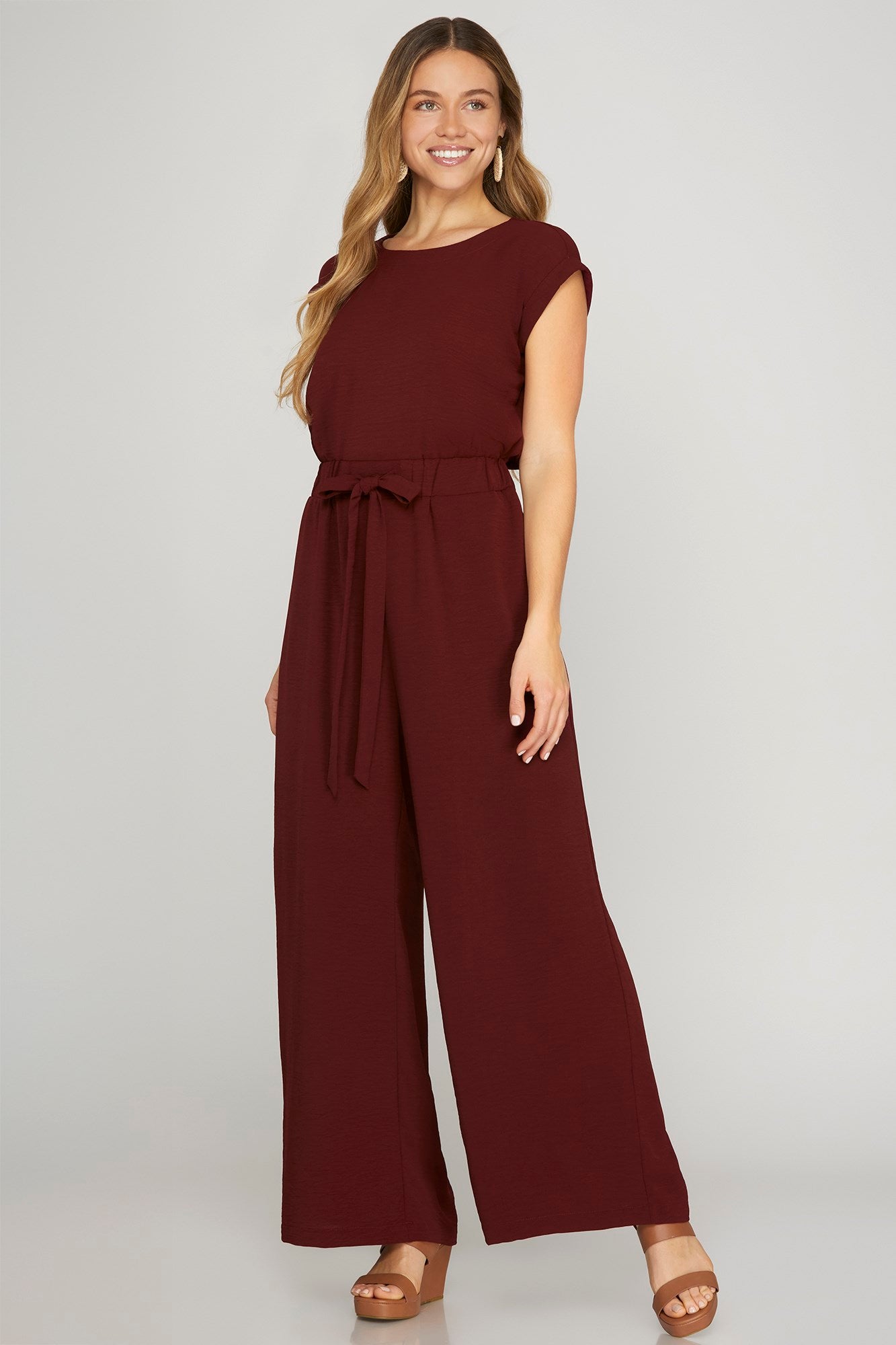 Sleeveless Elastic Waist Jumpsuit w/Front Tie Detail