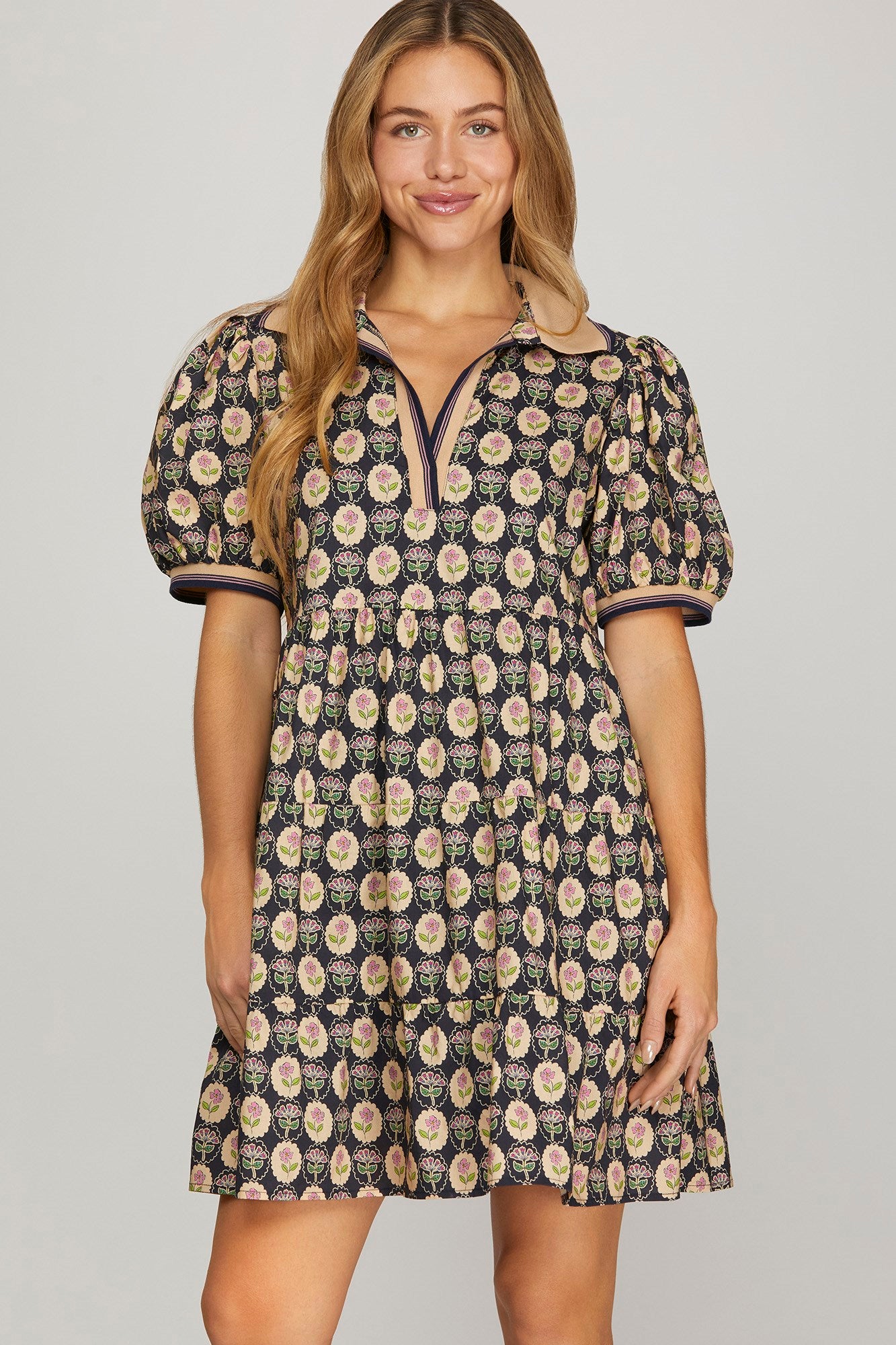 Puff Sleeve Woven Printed Tiered Dress w/Rib Band Collar
