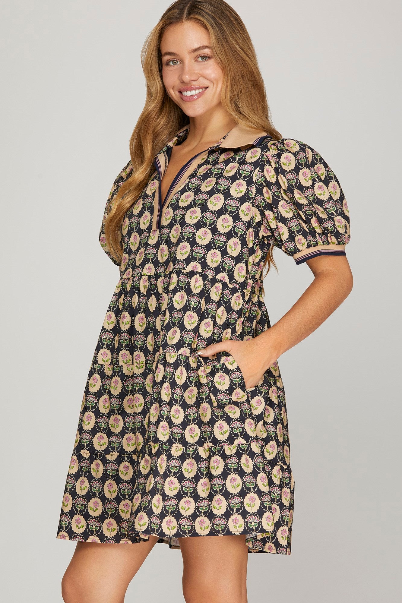 Puff Sleeve Woven Printed Tiered Dress w/Rib Band Collar