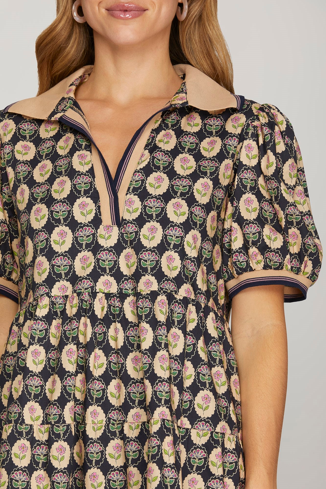 Puff Sleeve Woven Printed Tiered Dress w/Rib Band Collar