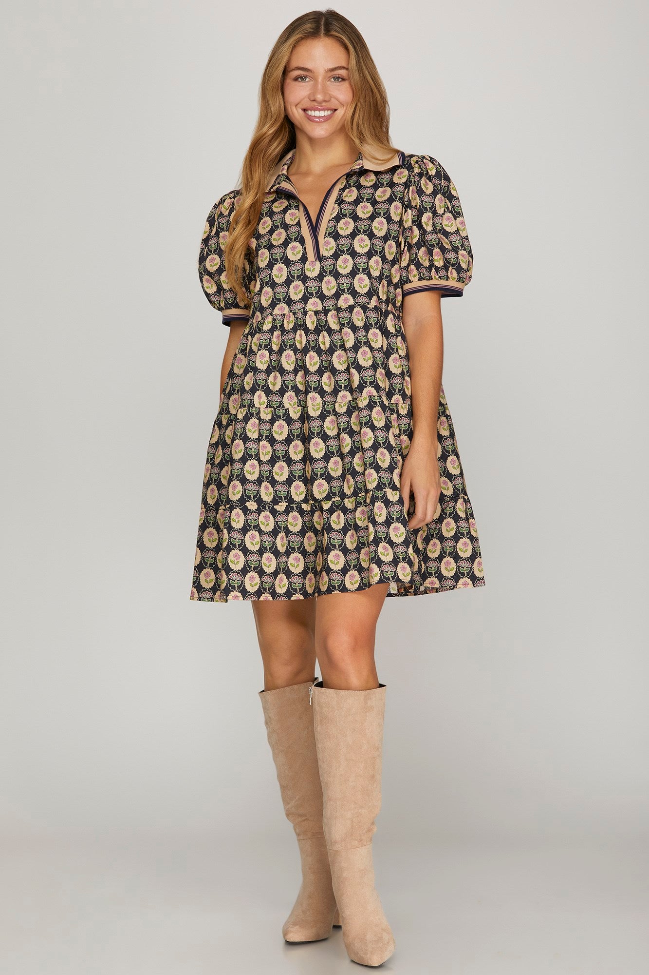 Puff Sleeve Woven Printed Tiered Dress w/Rib Band Collar