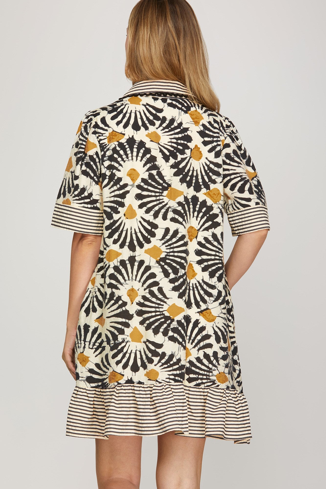 Sale Half Sleeve Woven Print Collared V-Neck Dress w/Pockets